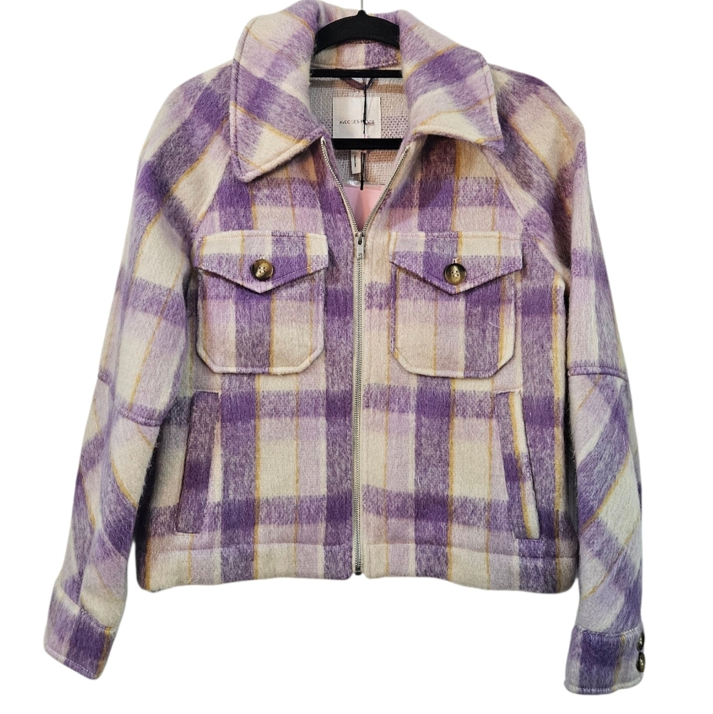 Avec Les Filles Plaid Zip Crop Shirt Jacket In Cream/ Lavender Plaid